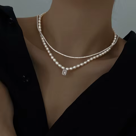Elegent Luxury Double Layer Pearl Necklace for Women Crystal Pendent Female Choker Bling Wedding Women's Necklaces Jewelry Gifts 10 best sales double pearl necklace - №8