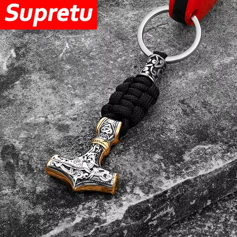 Retro Vikings Thors Hammer Survival Rope Keychain Men Stainless Steel Leather Keyring Handmade Amulet Norse Runes Anchor Jewelry 8 best sales anchor keychain - №2