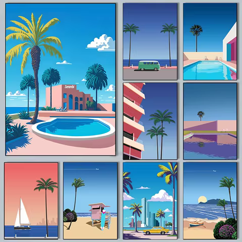 Hiroshi Nagai Vaporwave Japan Beach City Summer Wall Art Canvas Painting Prints Posters Wall Pictures Nordic Living Room Decor 8 best sales vaporwave - №2