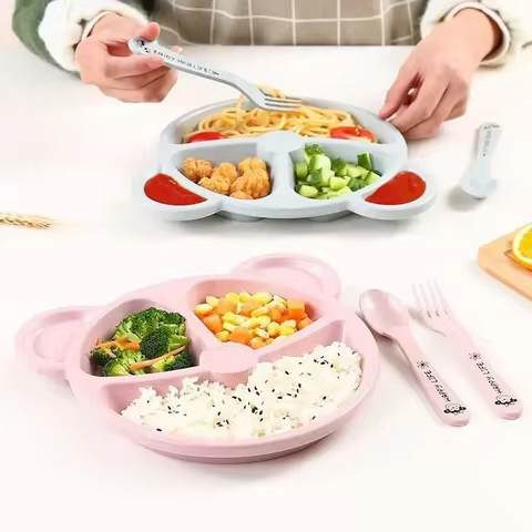3Pcs/Set Baby Food Feeding Tableware Cartoon Bear Bowl+Spoon+Fork Eating Dinnerware for Children Dishes Kids Dinning Plate 6 best sales melamine dinner set - №1