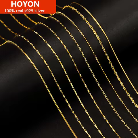 HOYON Pure 14k Gold Plated Necklace Women's Neck Collar Real Gold Box/ O Cross/ Snake Bone/Water Wave/Clavicle Chain Jewelry 12 best sales s925 post - №6