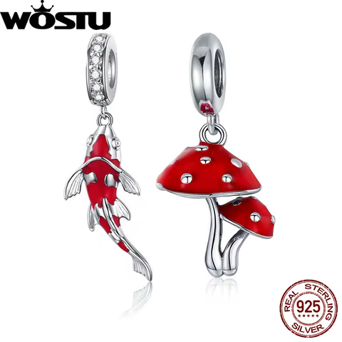 WOSTU Real 925 Sterling Silver Lucky Koi Fish Red Mushroom Charms Pendant Bead Fit Original Bracelet DIY Necklace Jewelry Making 8 best sales koi fish charm - №3