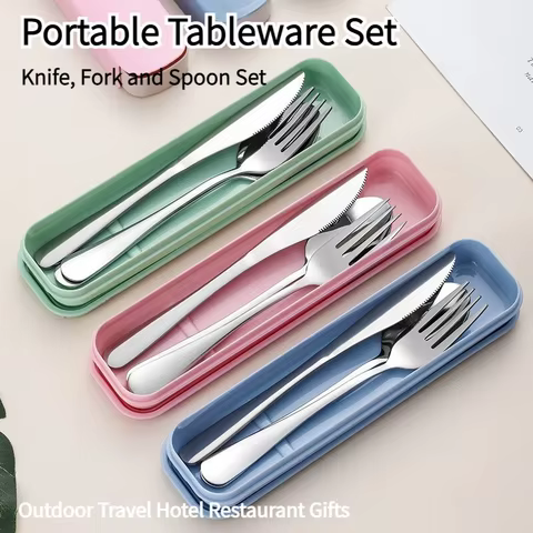 3pcs 410 Stainless Steel Portable Cutlery Set Mirror Polished Edge Rounded Comfortable Knife Fork And Spoon Three Piece Set 10 best sales fork and spoon - №6