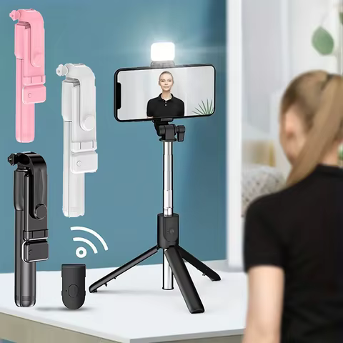Portable Bluetooth Selfie Stick Tripod Holder with Remote Shutter Fill Light Extendable Wireless Remote Retractable Phone Stand 8 best sales insta360 go 3 - №3