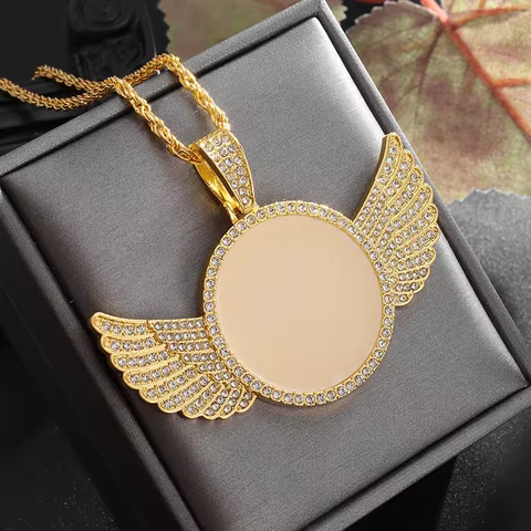 Fashion Memory Angel Wings Mirror Ice Crystal Zirconia Photo Memorial Necklace Couple Hip Hop Jewelry Birthday Gift 8 best sales angel accessories - №7