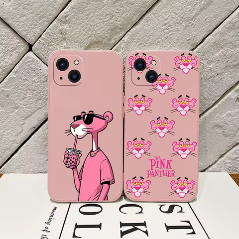 Cartoon Phone Case For iPhone 16 15 14 13 12 11 Pro Max Mini X XR XSMAX 8 7 6S Plus Soft Silicone With Hand Strap Pinks Panthers 10 best sales pink mobile phone - №8