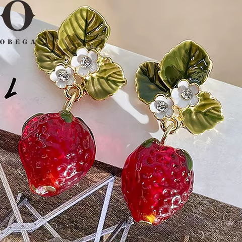Obega Girls Cute Strawberry Drop Earrings Green Leaves White Flower Red Berry Crystal Stone Earrings ForSummer Jewelry Gift 6 best sales gemstone earrings - №4
