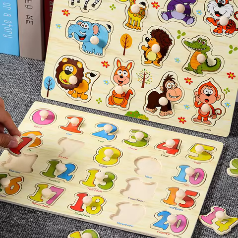 Montessori Baby Toys Wooden Peg Puzzles Hand Grab Boards Toys Tangram Jigsaw Cartoon Animals Fruits 3D Puzzles Educational Toys 12 best sales wood 3d puzzle - №5