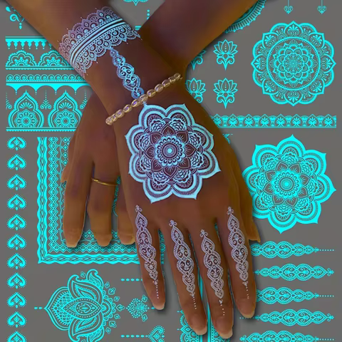Blue Luminous Henna Tattoo Sticker Girls Tribal White Lace Lotus Tattoos Mandala Flower Fake Jewelry Pendant Temporary Tattoo 8 best sales henna stickers - №6