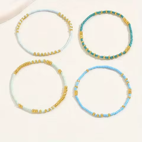 4 PCS Turquoise Color Seedbeads Stretch Bracelet Set Bohemia Gold Color Glassbeads Elastic Handmade Girls Vacation Jewelry 8 best sales earthy jewelry - №8