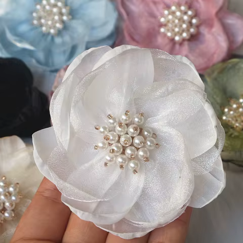 5Pcs 7.5CM Organza Chiffon Fabric Flower Beads Center Handmade DIY Artificial Flower Headwear Dress Hairpin Shoes Decor 8 best sales organza flower - №1