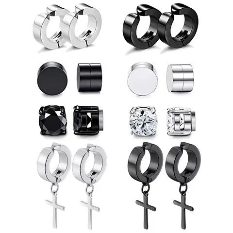 4 Psirs Stainless Steel Magnetic Earrings - Gothic Hip Hop Style, Painless Clip-On Studs for Street Fashion 8 best sales men magnetic earrings - №4