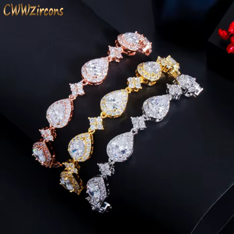 CWWZircons Top Bling Big Water Drop Cubic Zirconia Rose Gold Color Tennis Bracelet for Women Trendy Party Wedding Jewelry CB238 10 best sales rose gold bangles - №7