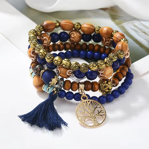 4Pcs Bohemia Tree Of Life Charm Beaded Bracelet Set For Women Handmade Wood Beads Chain Bangle Female Boho Jewelry 8 best sales earthy jewelry - №2