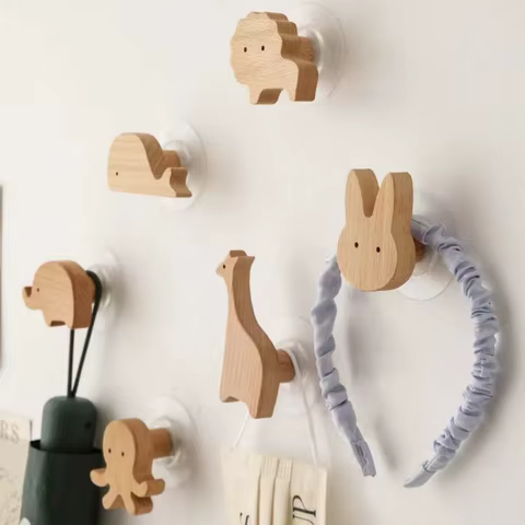 Cute Wall Wooden Hooks Children's Room Animal Hook Wall Keychain Coat Hook Home Decoration Solid Wood Hook Hanger Kitchen Access 12 best sales deer head wall decor - №5