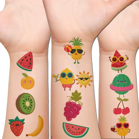 Glitter Fruit Temporary Tattoos for Kids - 100+ Cartoon Fruit Summer Tattoos for Girls Boys Birthday Party Supplies Favors 10 best sales custom tattoo - №7