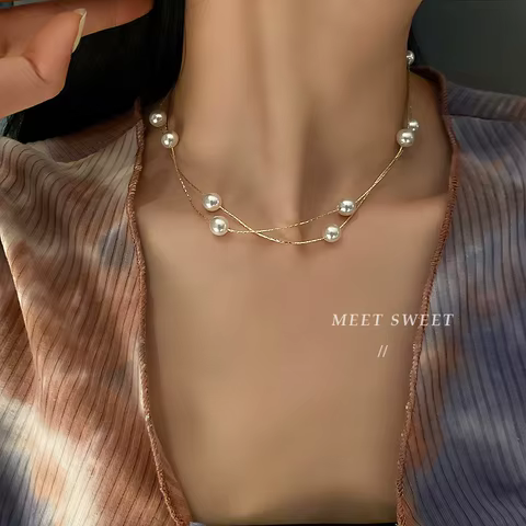 Korean Double-layered Pearl Necklace Personalized Fashionable Women's Clavicle Beaded Necklace Holiday Banquet Girl Jewelr Gift 10 best sales double pearl necklace - №10