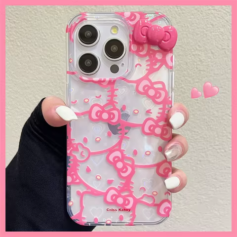 Hello Kitty Bow Full Screen Phone Case For iPhone 16 15 14 13 12 11 Pro Max XR XS MAX 7 8 Plus Y2K Pink Girl Laser Shining Cover 10 best sales pink mobile phone - №6