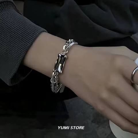 Trend Black Zircon Titanium Steel Bracelet For Men Women Korea Kpop Silver Color Geometric Splice Chain Bracelet Unisex Jewelry 10 best sales kpop bracelet - №7