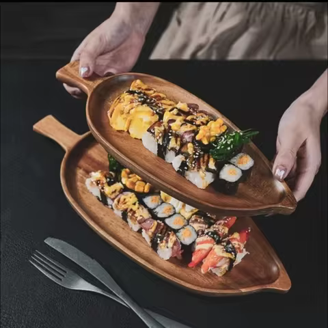 High Aesthetic Tray Wooden Leaf Shaped Afternoon Tea Tray Western Sushi Tray Dessert Fruit Meal Tray Food Tray Wooden Waterproof 6 best sales sushi table - №5