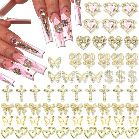 80PCS Gold Nail Charms 12 Shapes Gold Heart Nail Charm 3D Butterfly Nail Charms Alloy Gold Nail Crosses Shiny Money Sign 10 best sales nail cross charms - №8
