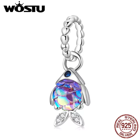 WOSTU 100% 925 Sterling Silver Blue Purple Fish Charms Beads Heart Pendants Fit Original DIY Bracelet Necklace Jewelry for Women 8 best sales fish charm - №3