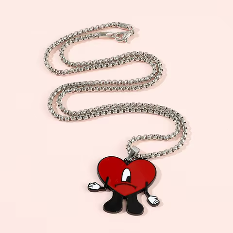 Trend Bad Bunny Necklace Cosplay Singer Bad Rabbit Red Heart Pendant Neck Chain Cute Decoration Jewelry Accessories for Fan Gift 12 best sales spongebob bracelet - №11
