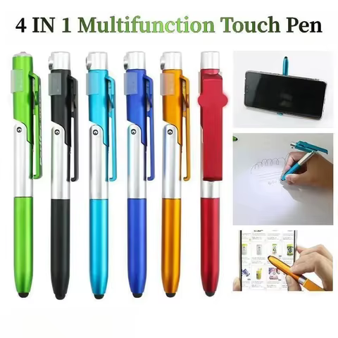 4 IN 1 Multifunction Touch Pen Ballpoint Pens with LED Light Folding Stand for Phone Holder Night Reading Stationery Pencil 12 best sales pen touch screen - №4