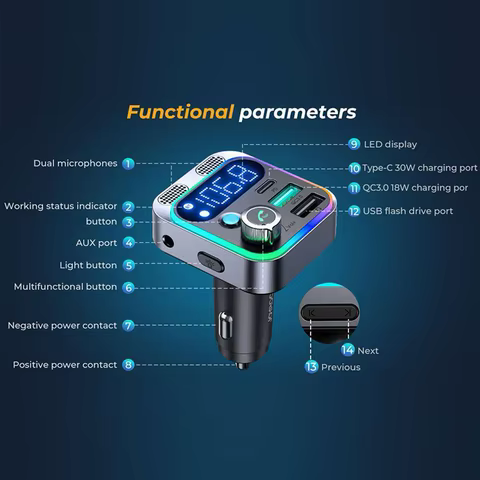 2024 Bluetooth 5.3 FM Transmitter for Car Stronger Dual Mics Deep Bass Sound 48W PD&QC3.0 Car Charger Bluetooth Adapter 8 best sales fm mike - №6