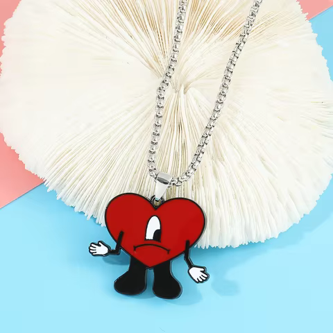 Trend Bad Bunny Necklace Cosplay Singer Bad Rabbit Red Heart Pendant Neck Chain Cute Decoration Jewelry Accessories for Fan Gift 12 best sales spongebob bracelet - №11