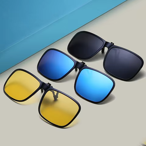 Polarized Flip Up Clip on Sunglasses Square Men Clip On Glasses Flip-up Frames Sunglasses Covers Blue Night Vision Color Lens 12 best sales rayban 3386 polarize cam - №10