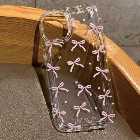 Cute Pink Heart Bow Case for IPhone 16 15 14 13 12 11 Pro Max 13 12Mini XS XR 7 8Plus SE 2022 Shockproof Soft Clear Cases Coque 8 best sales pink phone cases - №1