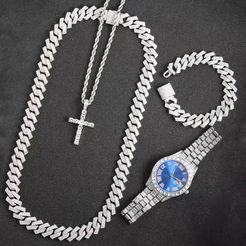 16mm Hip Hop Miami Cuban Link Chain Set Necklace +Watch+Bracelet Creative Iced Out Shiny Trendy Stylish Jewelry For Women Men 12 best sales watch choker - №2