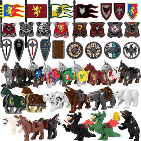 Medieval Military Castle Knight Building Blocks Riding Horse Wolf Bear Animal Vest Weapon Flag Saddle Dragon Toy Brick Gift K024 12 best sales blocks castle - №12