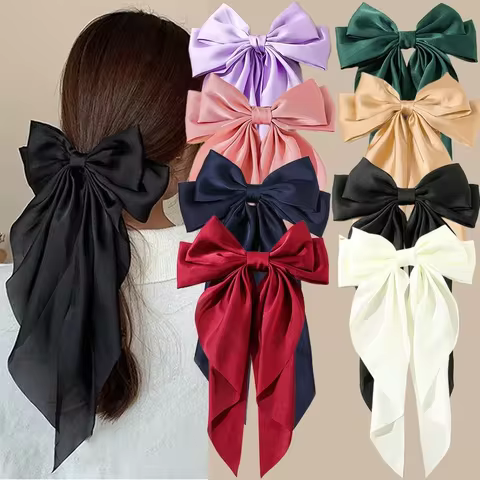 Korean Accessories Hair Clips for Women Girls Big Bowknot Solid Satin Long Ribbon Bows Spring Clamp Barette Cheveux Femme 2023 10 best sales pin for hair - №9