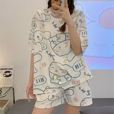 Miniso Sanrio Anime Cinnamoroll Kuromi Pajamas Summer Simple Fashion Delicate Cute Casual Loose Comfortable Soft Girly Set Gift 12 best sales sanrio pjs - №10