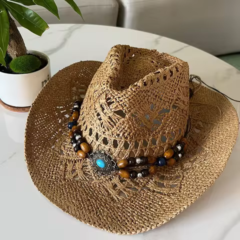 Vintage Summer Beach Bohemian Straw Hat Shell Women Men Western Cowboy Hats Wooden Beads Hollow Out Sun Hat Holiday Cap 12 best sales cowboy hat band - №8