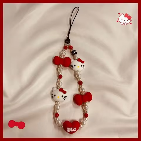 Kawaii Sanrio Mobile Phone Pendant Cartoon Hello Kitty Anti-lost Lanyard Key Short Wrist Rope Animation Red Jewelry Keychain 8 best sales dijes hello kitty - №3