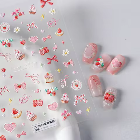 Nail Art Stickers Cute Manicure Decals Lovely Strawberry Muffin Cream Cake Ice Cream Bowknot 5D Embossed Reliefs Self Adhesive 10 best sales strawberry shortcake stickers - №9