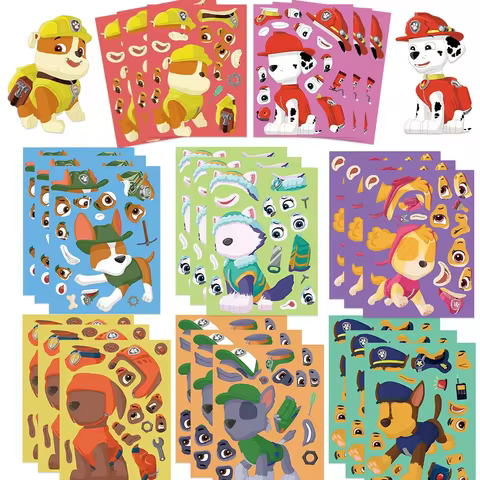 8/16Sheets PAW Patrol Puzzle Anime Stickers Chase Make-a-Face Assemble Funny Cartoon Decal Assemble Jigsaw Children Gift Boy Toy 8 best sales dog paw sticker - №4
