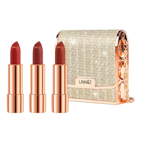 Matte Lipstick Set 3 Colours with Silver Chain Bag Waterproof Non-Stick Long Lasting Makeup Red 3.5gx3pcs for Women and Girls 12 best sales lipstick set box - №3