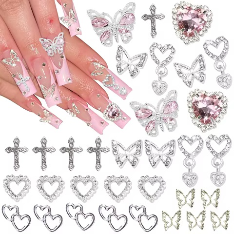 47PCS 3D Butterfly Nail Charms Silver Cross Nail Art Charms Dangle Heart Charms for Nail Heart Nail Gems Luxury Nail Jewelry 10 best sales nail cross charms - №3