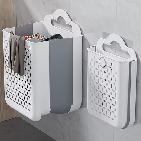 Folding Bathroom Laundry Basket Wall-mounted Dirty Clothes Storage Basket Household Laundry Bag Laundry Organizer Dropshipping 8 best sales wall mounted basket - №7