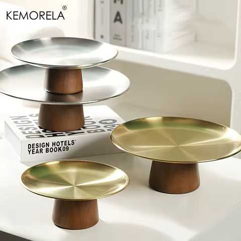 Stainless Steel Cake Tray Wooden Base Korean Style Fruit Display Plate Dessert Plate Dining Table Home Decoration Ornaments 12 best sales food tray korean - №9