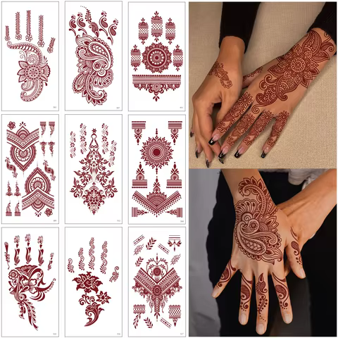 Red Lace Henna Tattoo Sexy Maroon Tattoo Stickers Waterproof India Mehndi Design Temporary Tattoos Finger Hand Tattoo For Women 8 best sales henna stickers - №8