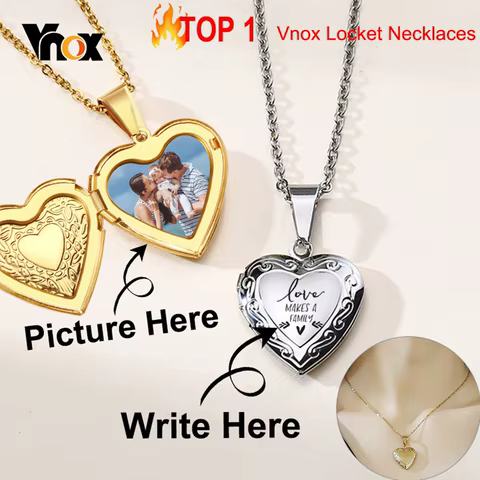 Vnox Customize Picture Name Women Necklaces Heart Locket Pendant Family Image Personalized Anniversary Gift 8 best sales custom necklace photo - №5