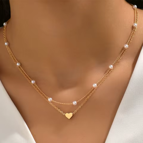LATS Simple Pearl Choker Necklaces for Women Fashion Double Layer Chain Small Love Heart Pendant Necklace Jewelry Gift Wholesale 10 best sales double pearl necklace - №5