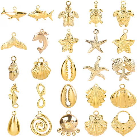 5pcs/Lot Gold Color Marine Animals Charm Shell Fish Tail Hippocampus Japonicus Stainless Steel Pendants For Jewelry Making Bulk 8 best sales fish charm - №4