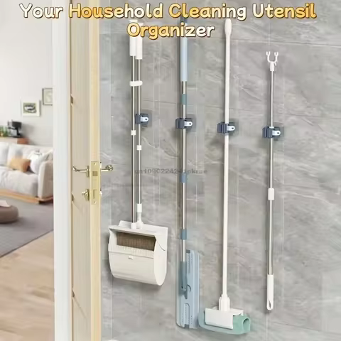 Self-adhesive Mop Holder Broom Stand Wall Mounted Mop Support Sweeping Brush Hook Storage Organizer Bathroom Kitchen Accessories 10 best sales garbage pail kids figure - №1