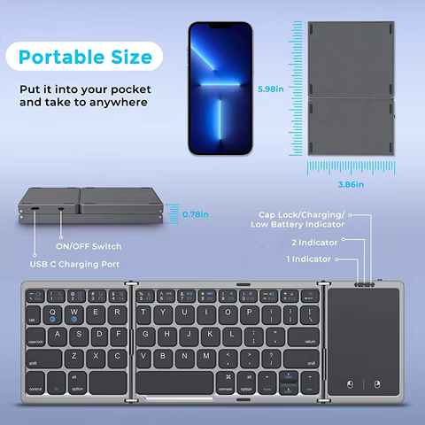 3-Folding Keyboard Mini Wireless Keyboard Foldable Dual Bluetooth Keyboard with Touchpad for Windows Android IOS iPad Phone 12 best sales portable keyboard - №12